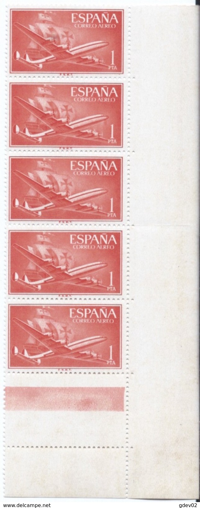 ES1172-A972TAN.Spain Espagne SUPER-CONSTELLATION Y NAO SANTA MARIA 1955/56.(Ed. 1172**)sin Charnela  BLOQUE DE 5 - Nuevos