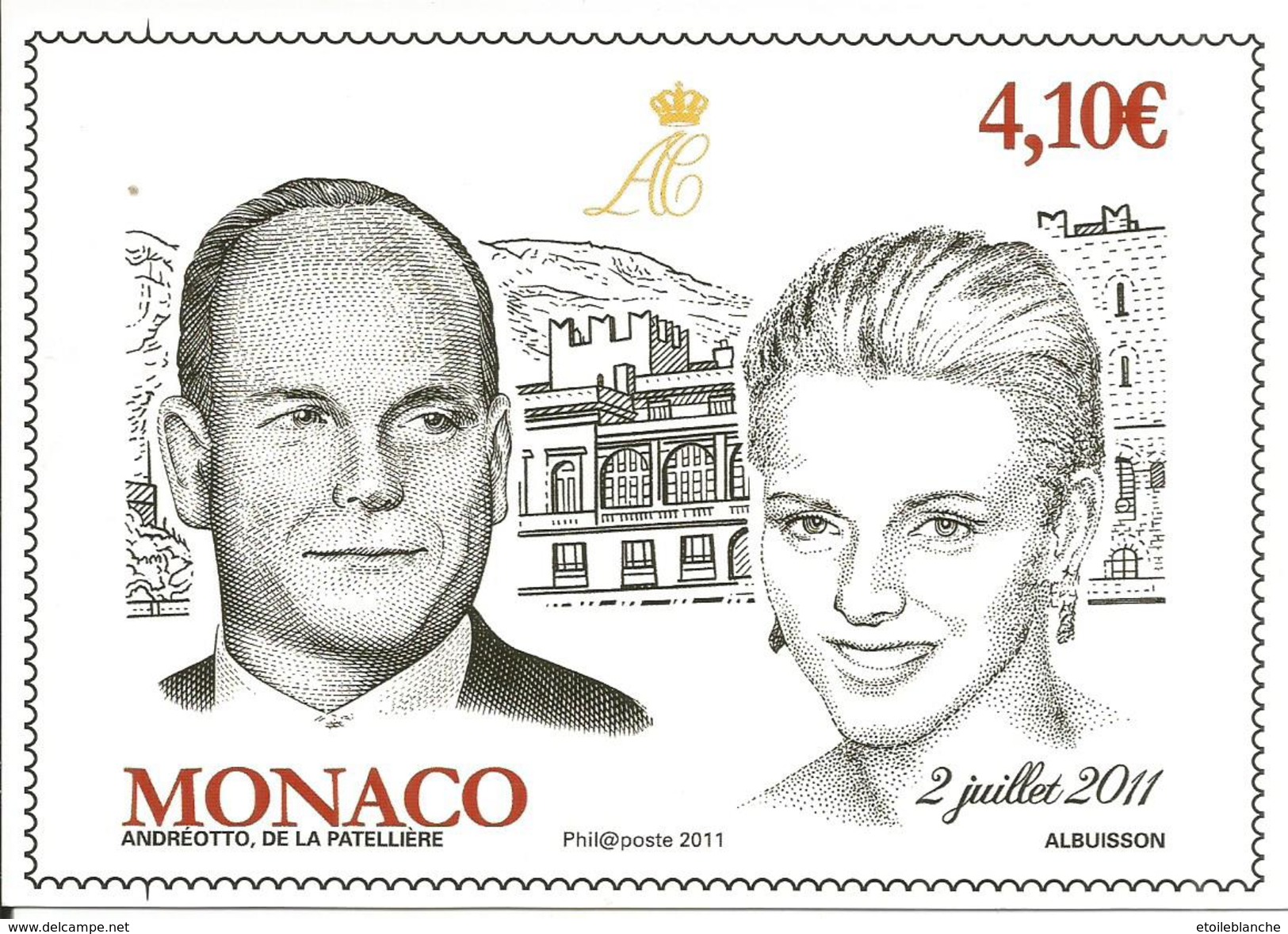 Monaco, Timbre Mariage Prince Albert Et Charlène 2 Juillet 2011 - Carte Postale Non écrite - Timbres (représentations)