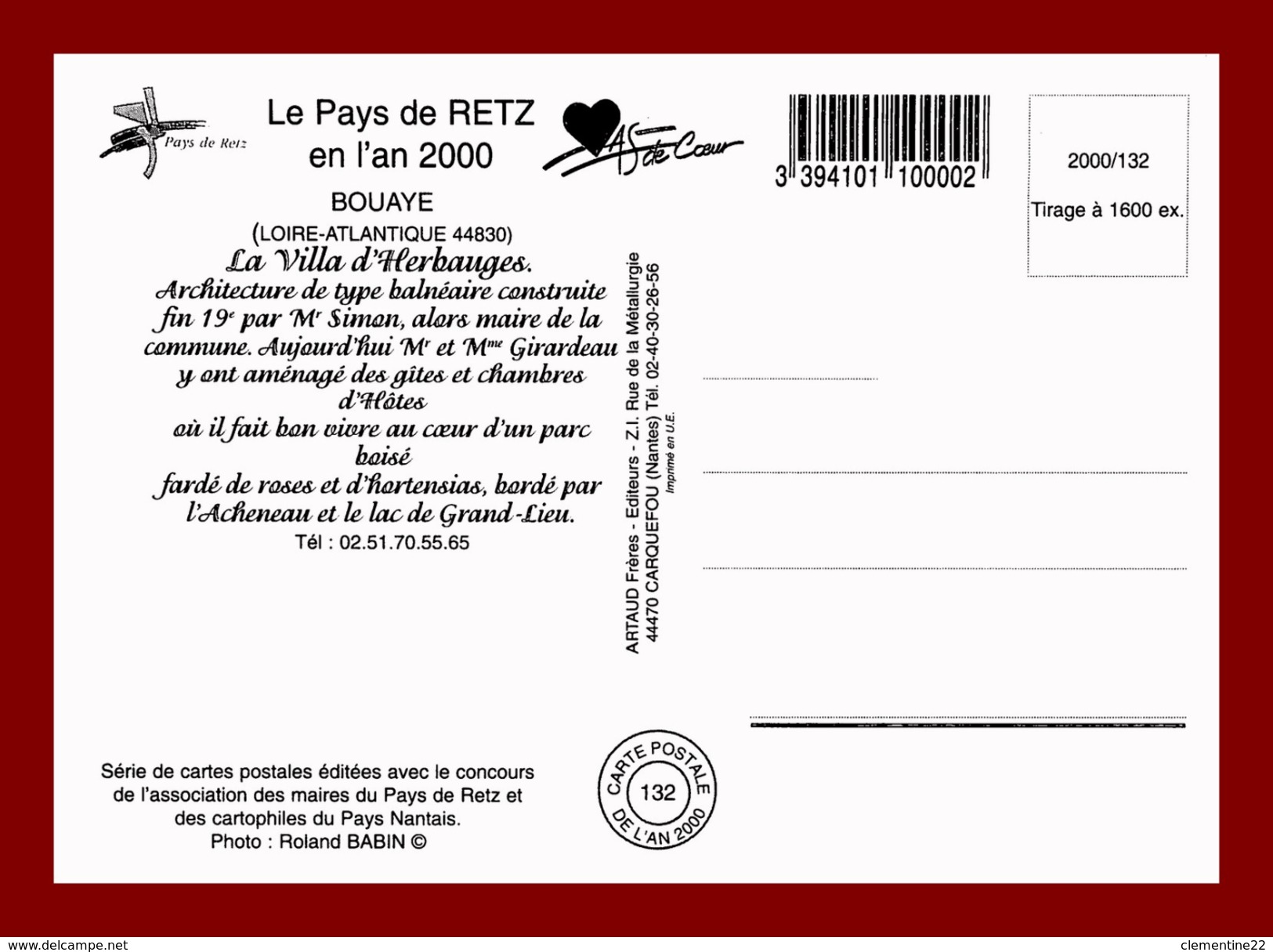 Dept 44 - Le Pays De Retz , Bouaye  , La Villa D'herbauges   (scan Recto Et Verso ) - Bouaye