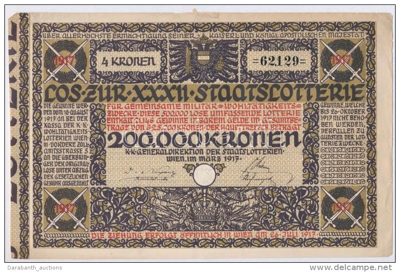 Ausztria / B&eacute;cs 1917. 'XXXII. Staatslotterie' Lott&oacute; Sorsjegy 4K &eacute;rt&eacute;kben,... - Ohne Zuordnung