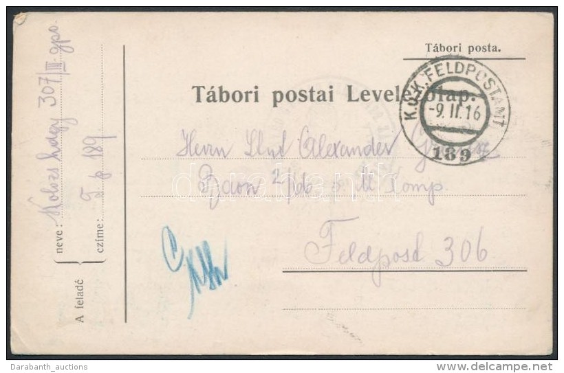 1916 T&aacute;bori Posta LevelezÅ‘lap 'M. KIR. 307. HONV&Eacute;D GYALOG EZRED' + 'FP 189' - Sonstige & Ohne Zuordnung