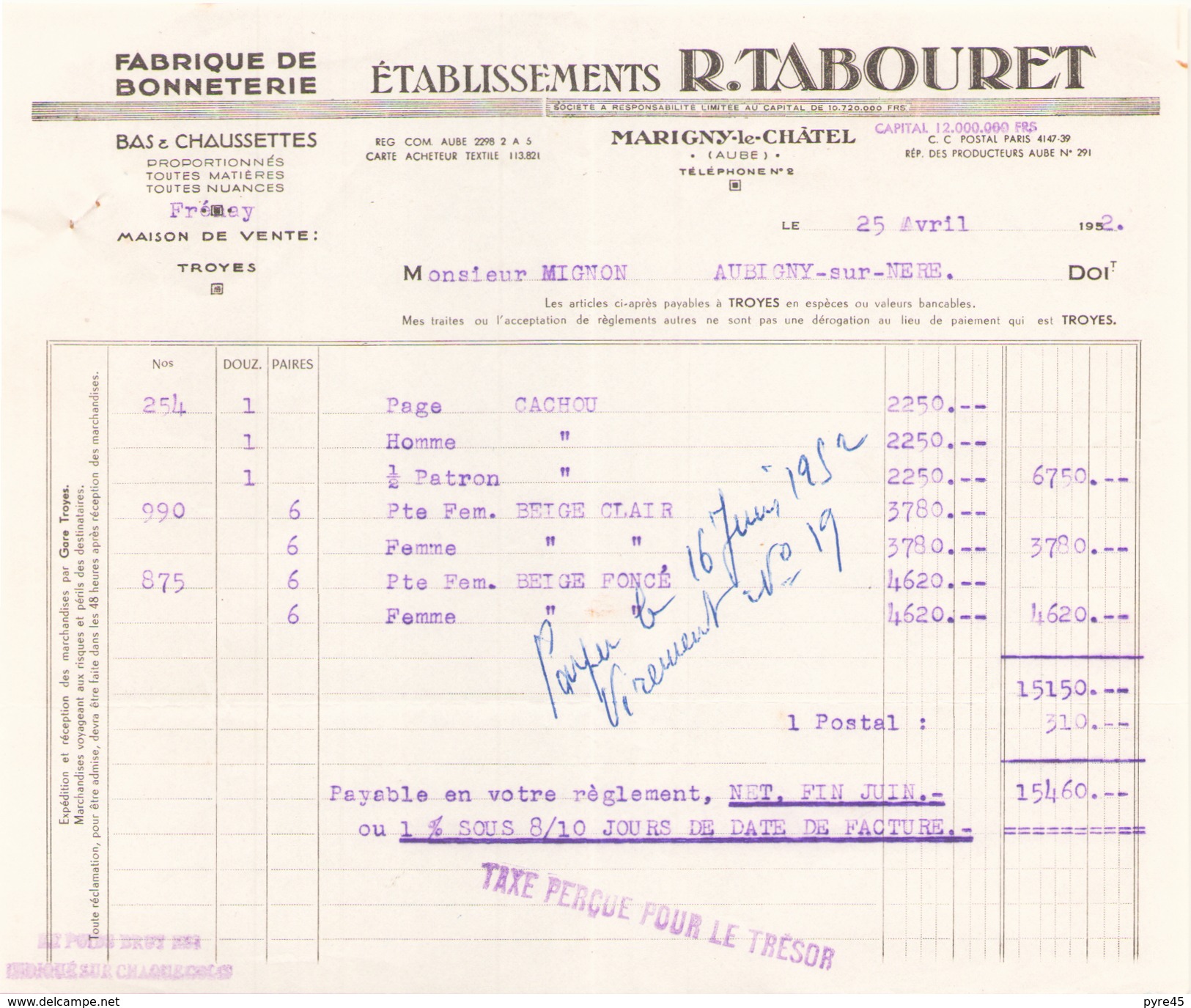 Facture ETS R. Tabouret Fabrique De Bonneterie à Marigny Le Chatel Le 25 Avril 1952 - Textile & Clothing