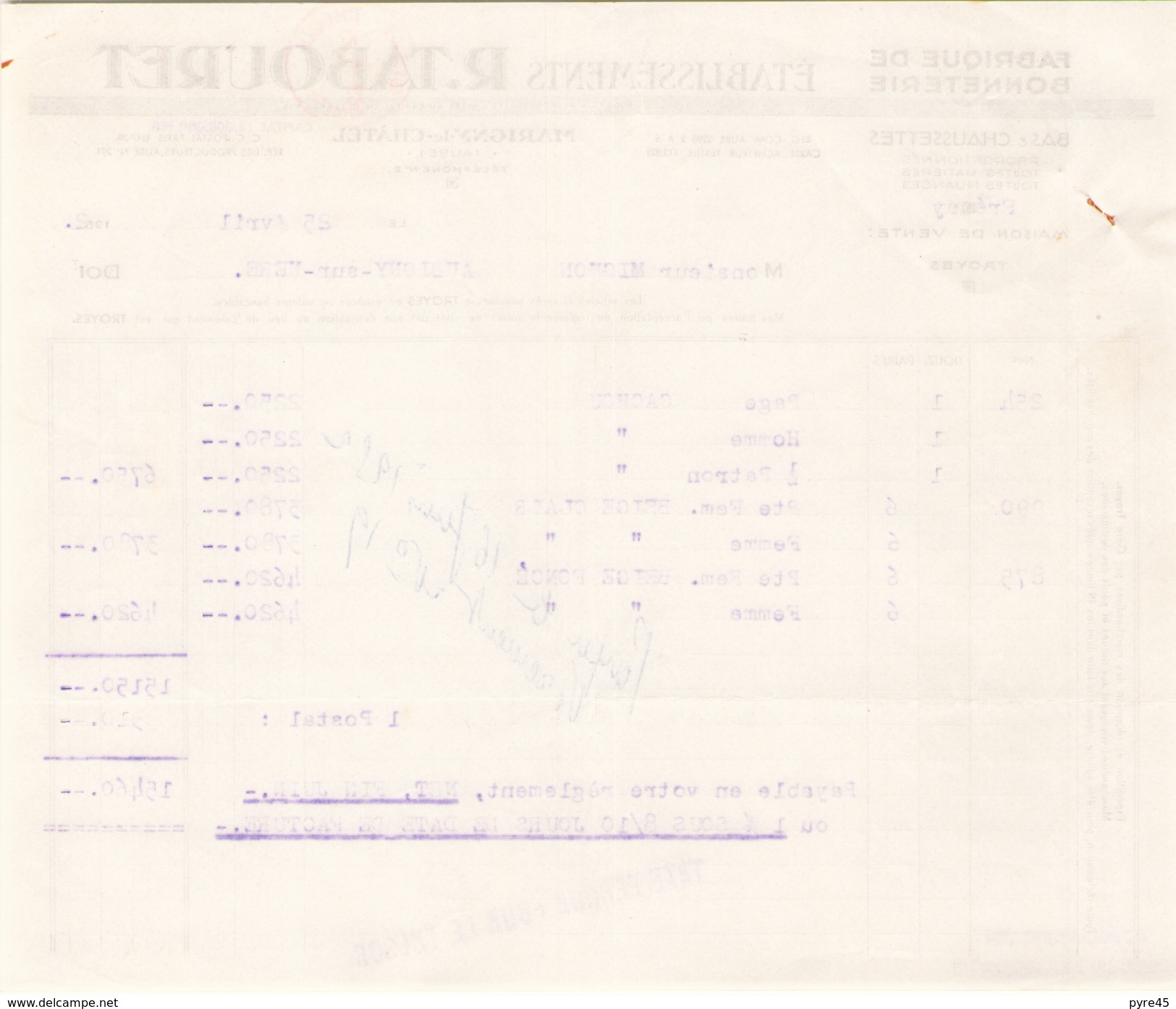 Facture ETS R. Tabouret Fabrique De Bonneterie à Marigny Le Chatel Le 25 Avril 1952 - Textile & Clothing