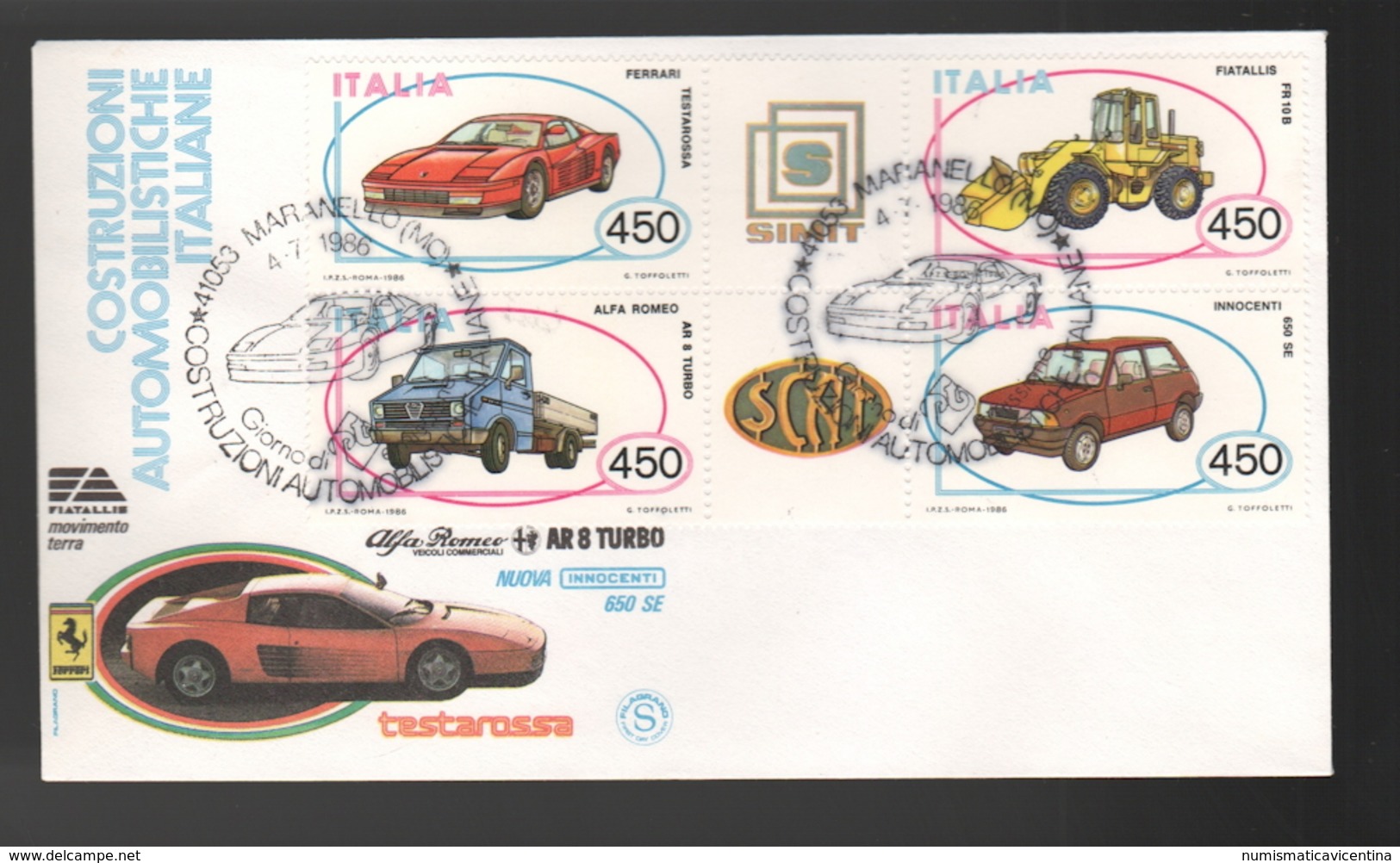 FDC Italia 1986 Filagrano FERRARI ALFA ROMEO Da Lire 450 X4 - FDC