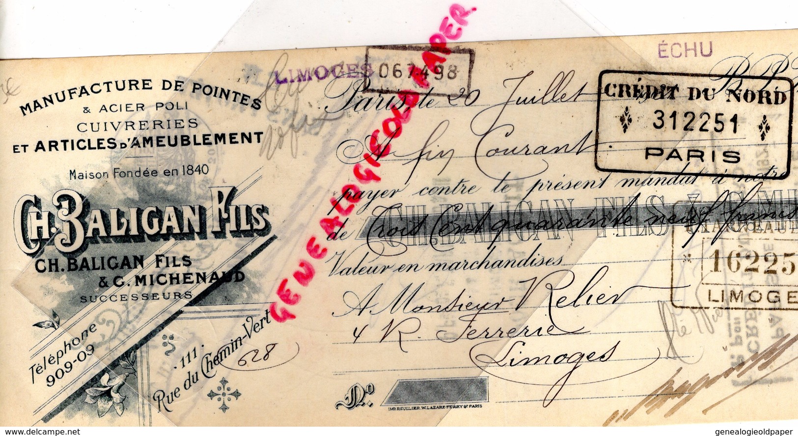 75- PARIS -TRAITE CH. BALIGAN FILS- MANUFACTURE POINTES- CUIVRE- 111 RUE DU CHEMIN VERT- 1921 - 1900 – 1949