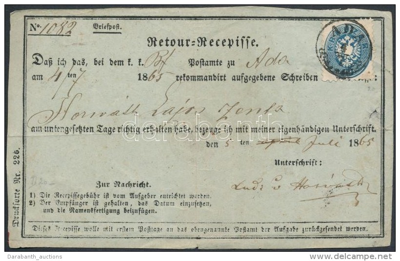 1865 Retour Recepisse 10kr B&eacute;rmentes&iacute;t&eacute;ssel, A H&aacute;toldal&aacute;n Egy Szakadt 10kr 'ADA' - Sonstige & Ohne Zuordnung