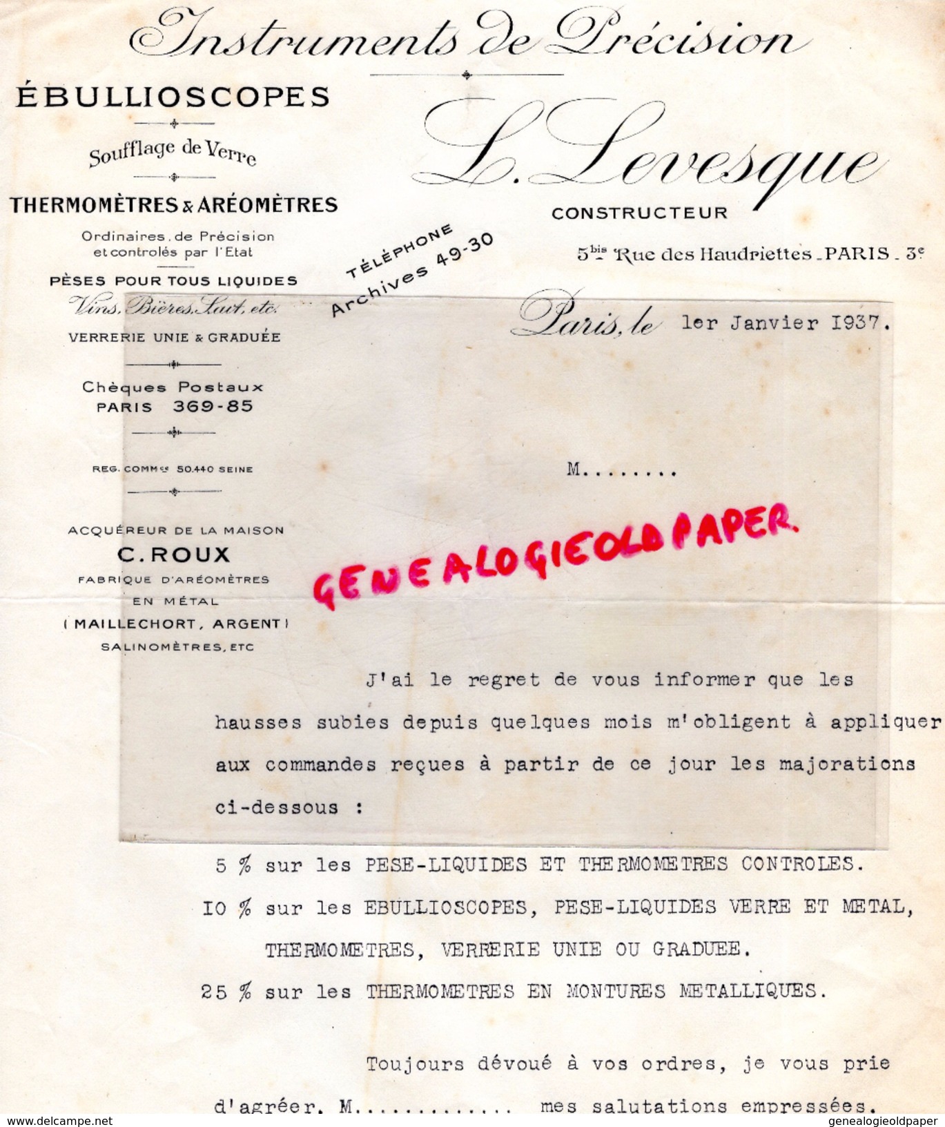 75- PARIS -FACTURE EBULLISCOPE -L. LEVESQUE- THERMOMETRE AREOMETRE-VERRERIE- C. ROUX- 5 RUE HAUDRIETTES-1937 - 1900 – 1949