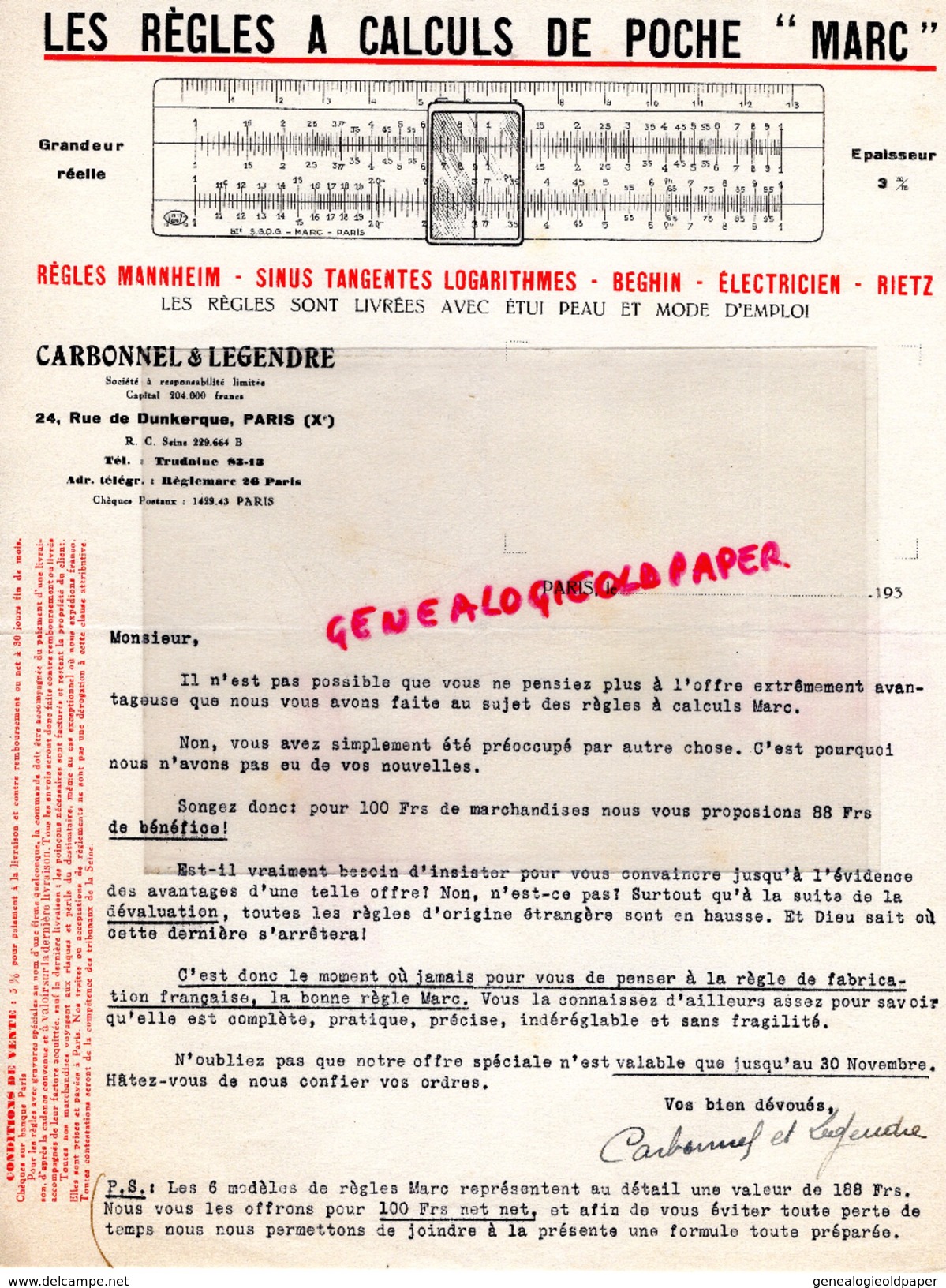 75- PARIS - REGLES A CALCULS DE POCHE " MARC " MANNHEIM-SINUS-BEGHIN-RIETZ-CARBONNEL & LEGENDRE- 24 RUE DUNKERQUE- 1930 - 1900 – 1949