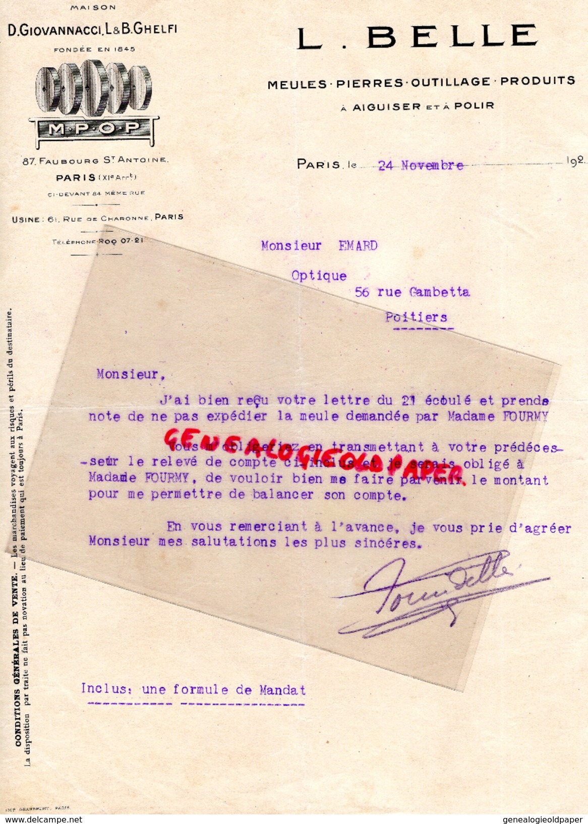 75- PARIS -FACTURE L. BELLE- MEULES PIERRES A AIGUISER POLIR- D. GIOVANNACCI - L. GHELFI- 87 FG ST ANTOINE- 1920 - 1900 – 1949