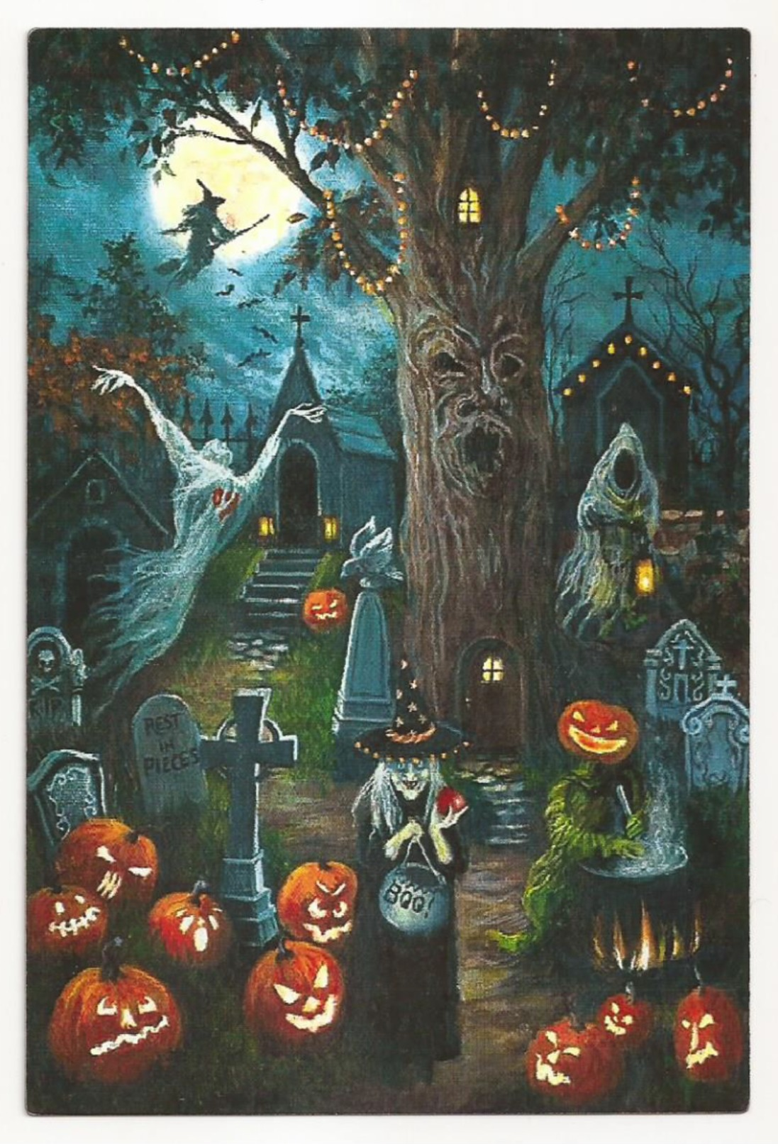 Halloween, Witch, Ghost, Moon, Pumpkins, Cemetery, Unused Postcard - Non Classés