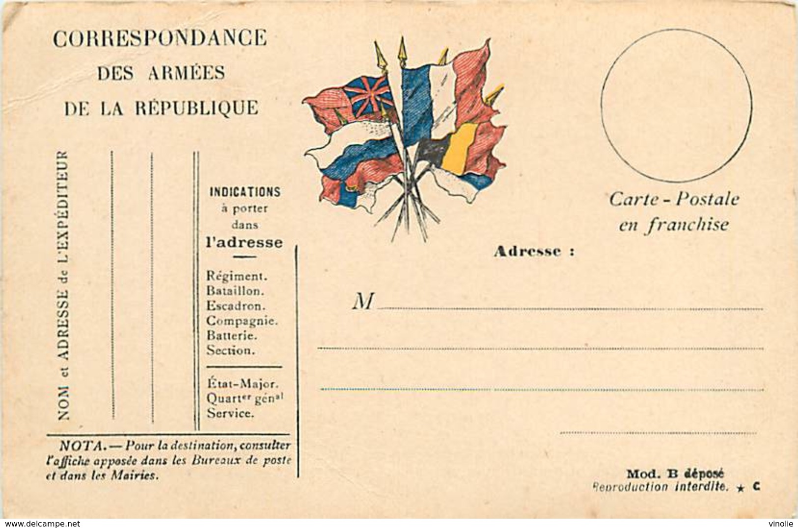 A-17-4404 : CARTE CORRESPONDANCE MILITAIRE EN FRANCHISE POSTALE. DRAPEAUX. - Lettres & Documents