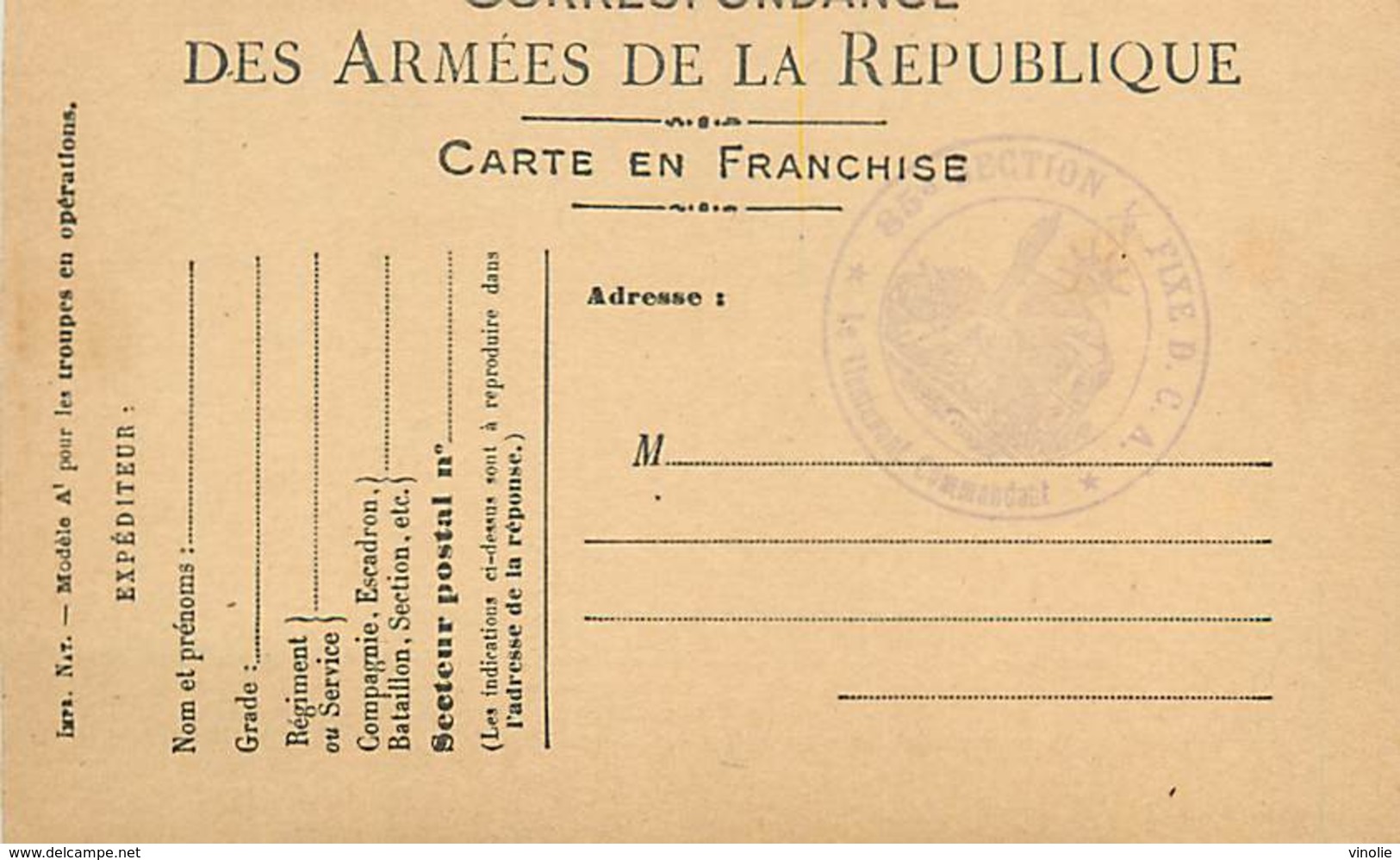 A-17-4418 : CARTE CORRESPONDANCE MILITAIRE EN FRANCHISE POSTALE. 85° SECTION 1/2 FIXE D.C.A. - Lettres & Documents