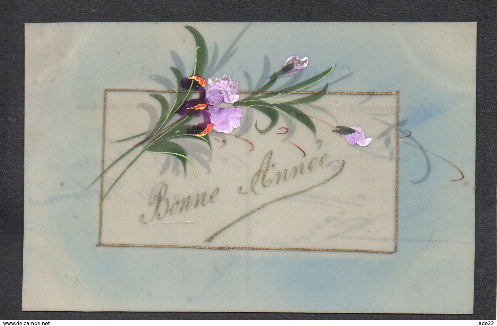 CPA FANTAISIE CELLULOID CELLULOIDE IRIS POURPRE DORURE OR Art Nouveau Art Déco Peinte à La Main Fleurs Bonne Année -#441 - Nouvel An