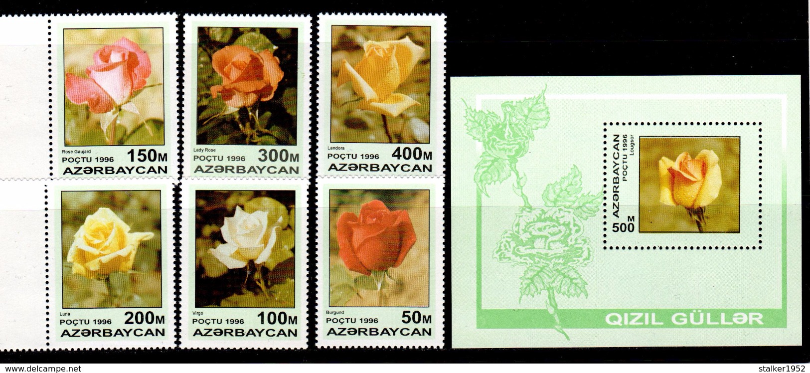 Azerbaijan 1996 Aserbaidschan Mi 320-325 + Block 24(326) Rose Breeds / Rosenzüchtungen **/MNH - Roses