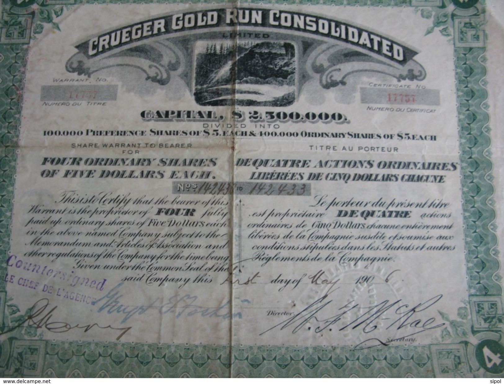 Crueger Gold Run Consolidated  Titre De Mai 1906 Traces D âge Et Plis VOIR Cliché - A - C