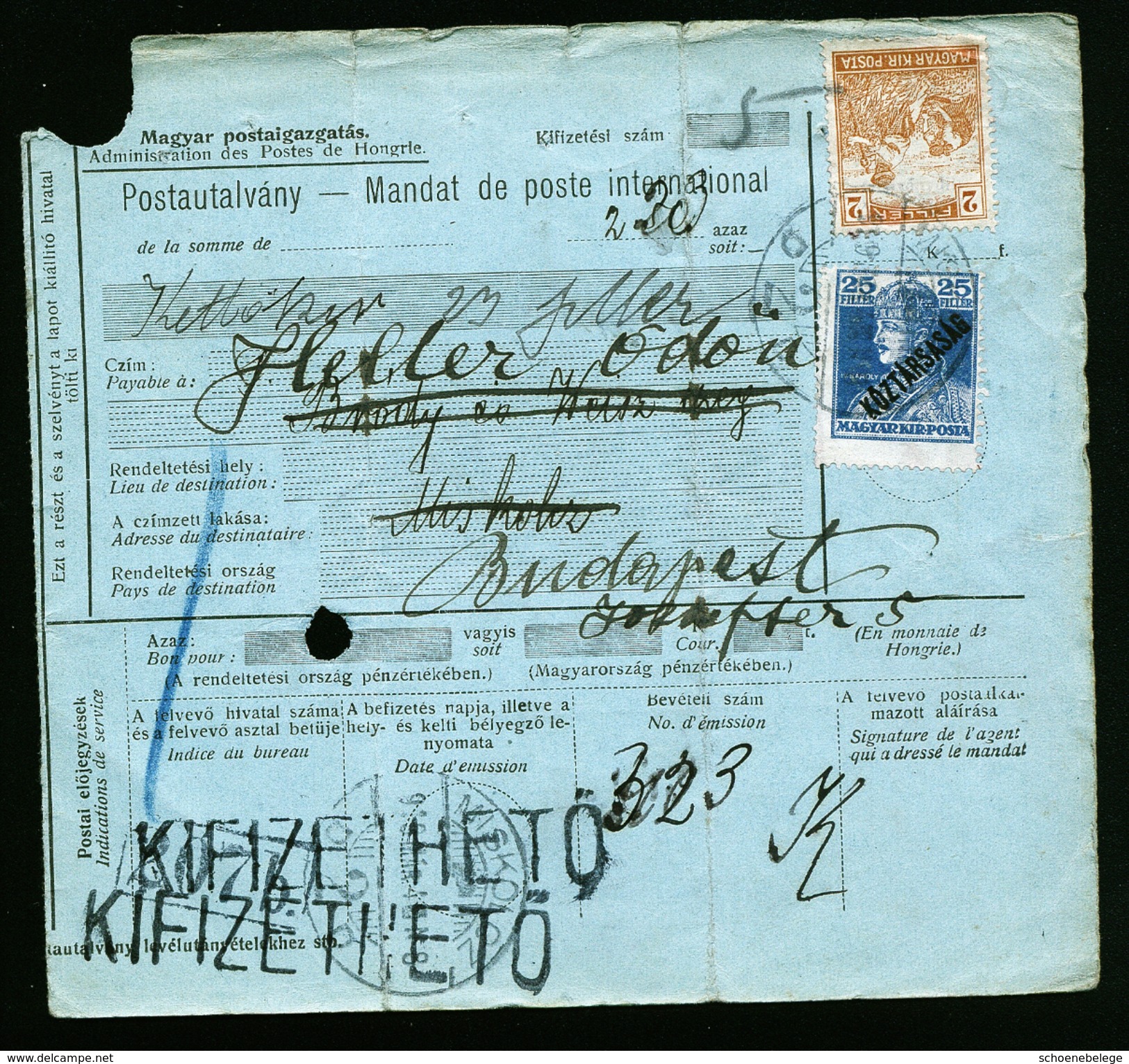 A4553) Ungarn Postanweisung Money Order 1919 Umgeleitet Nach Budapest - Briefe U. Dokumente