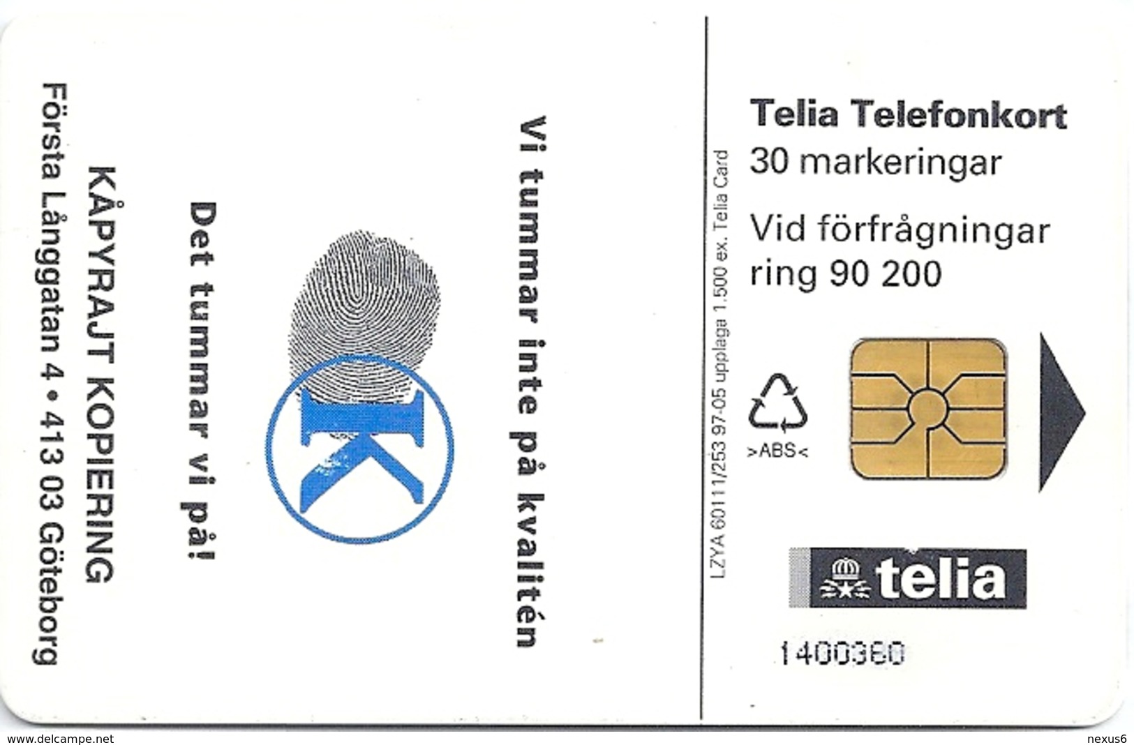 Sweden - Telia - Kåpyrajt Kopiering - 05.1997, 1.500ex, Used - Schweden