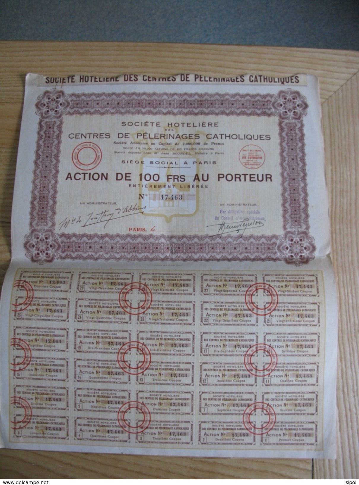 Société Hôtelière Des Centres De  Pelerinages Catholiques  N°17.463  Certificat De Propriété N°2766 Du 2/12/1932 BE - Turismo