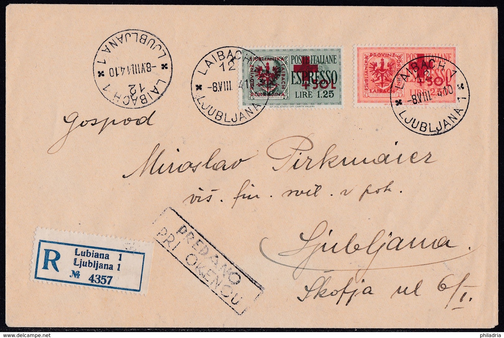 Laibach (Ljubljana), Red Cross, Complete Set On Registered, Philatelic Cover, Certificate Krischke - Occupation 1938-45