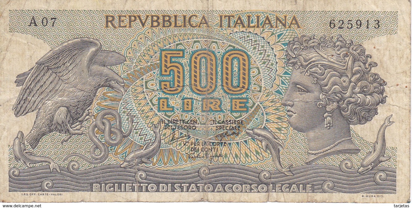 BILLETE DE ITALIA DE 500 LIRAS DEL AÑO 1966 -MEDUSA  (BANKNOTE) - 500 Liras