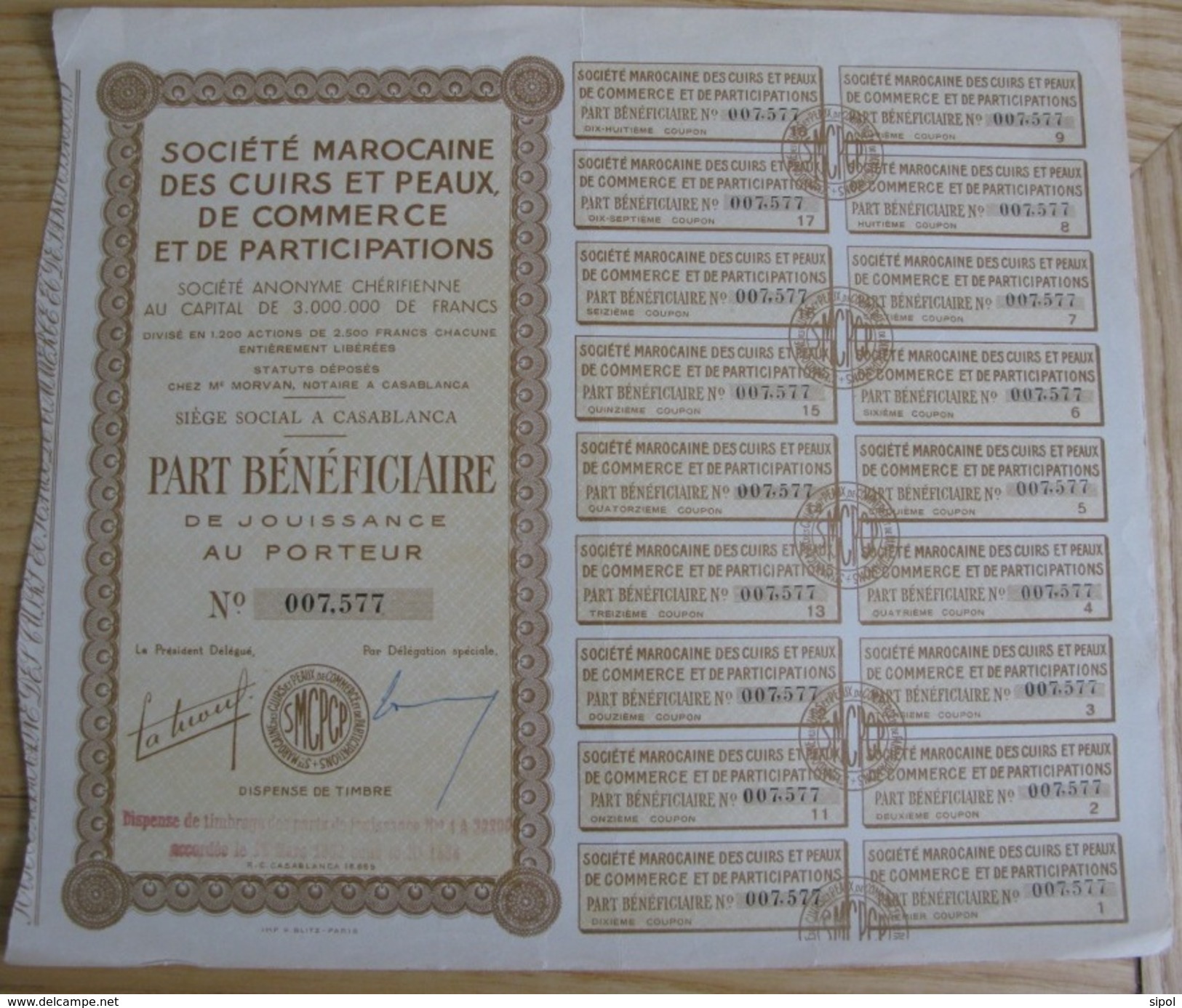 Société Marocaine Des Cuirs Et Peaux De Commerce Et De Participation Part Bénéficiaire OO7;577 - 18 Coupons/18 TBE - Afrique