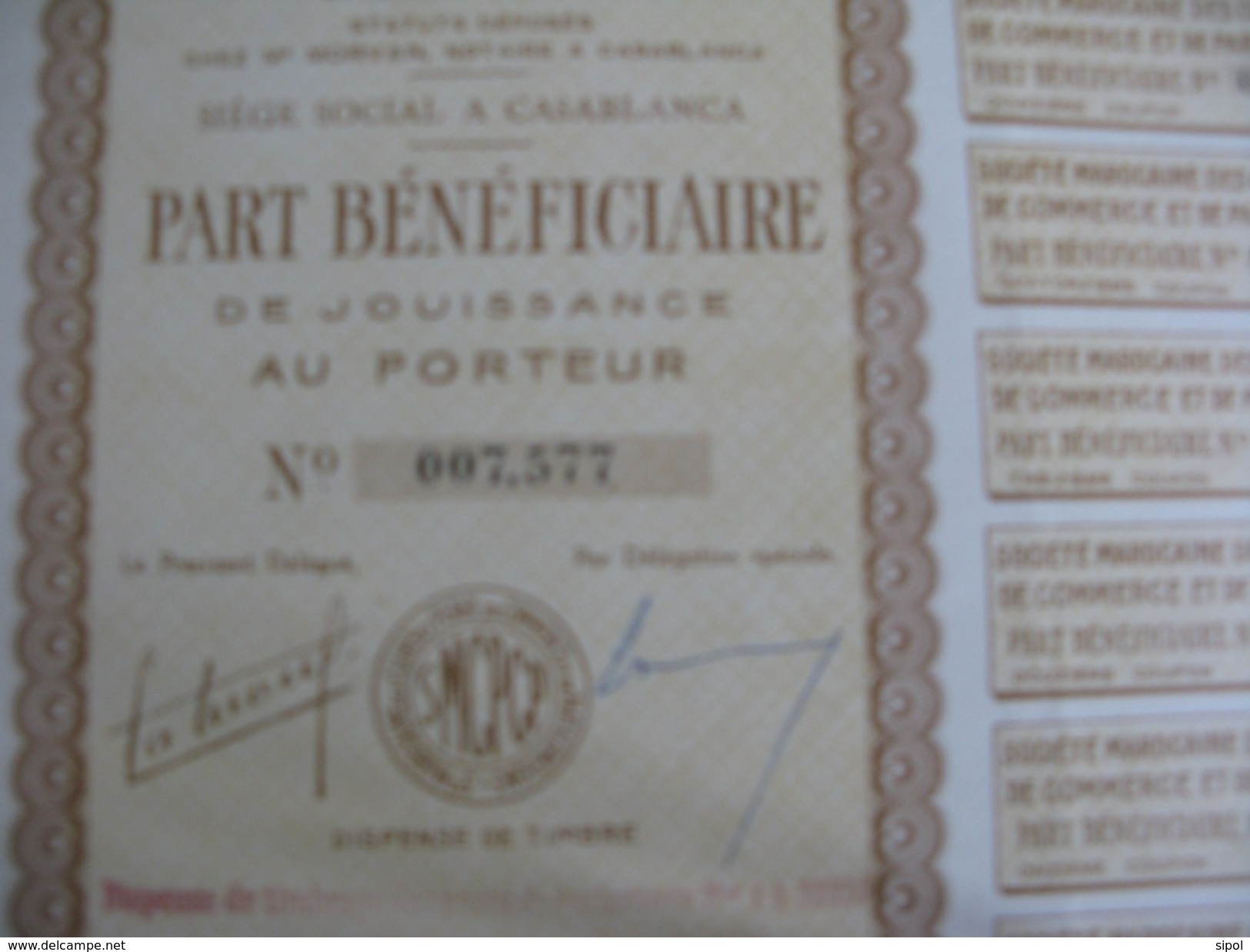 Société Marocaine Des Cuirs Et Peaux De Commerce Et De Participation Part Bénéficiaire OO7;577 - 18 Coupons/18 TBE - Afrique