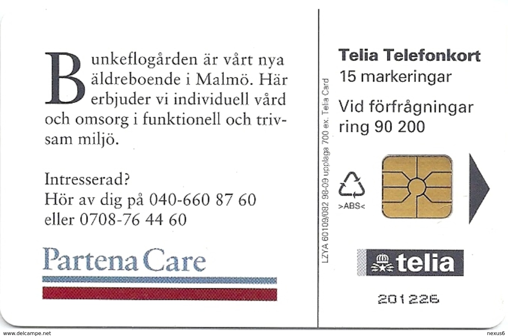 Sweden - Telia - Partena Care - 15U, 09.1998, 700ex, Mint (check Photos) - Schweden
