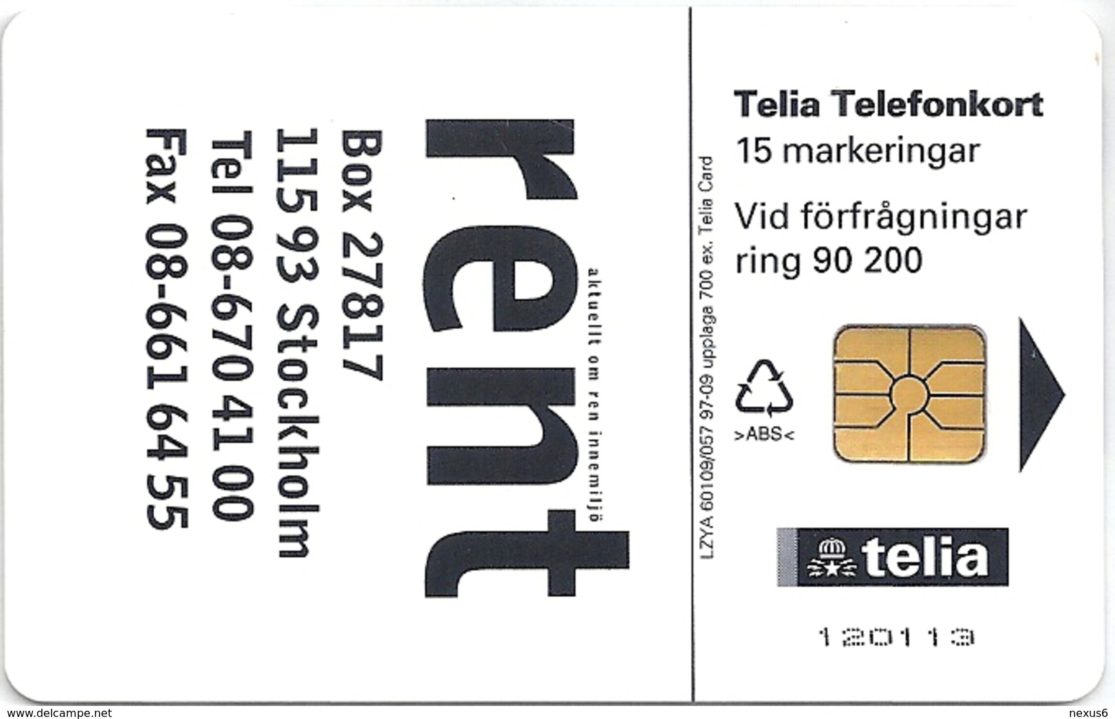 Sweden - Telia - Rent - 15U, 09.1997, 700ex, Mint - Schweden