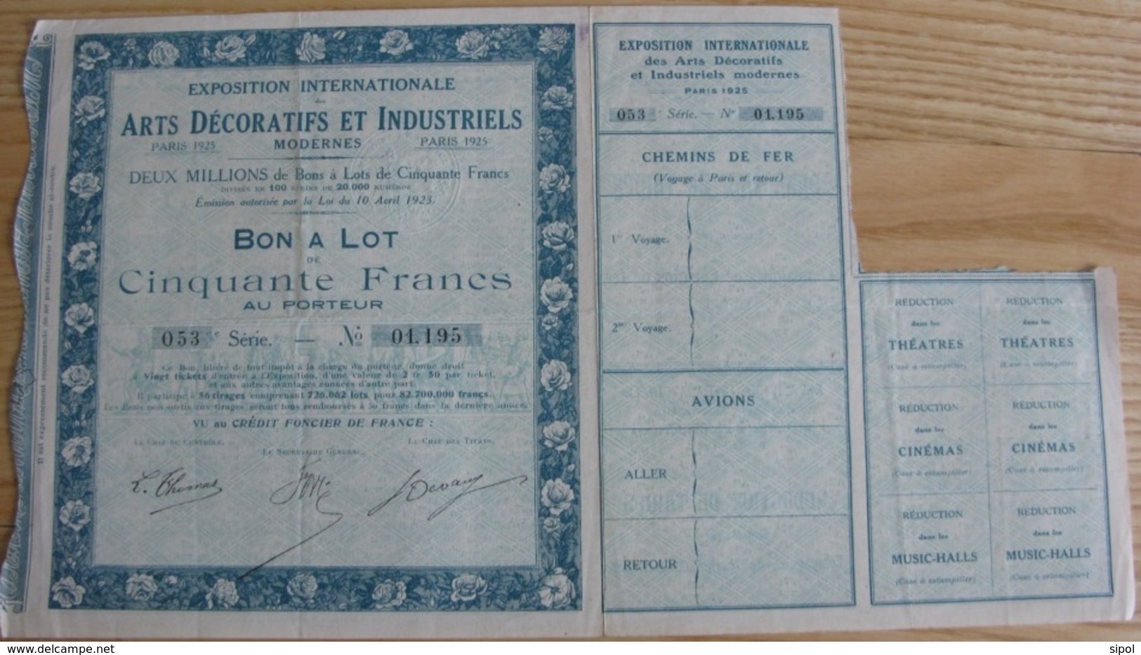 Exposition Internationale Des Arts Décoratifs Et Industriels  Paris 1925 Bon A Lot De Cinquante Francs   Série N°053 - Turismo