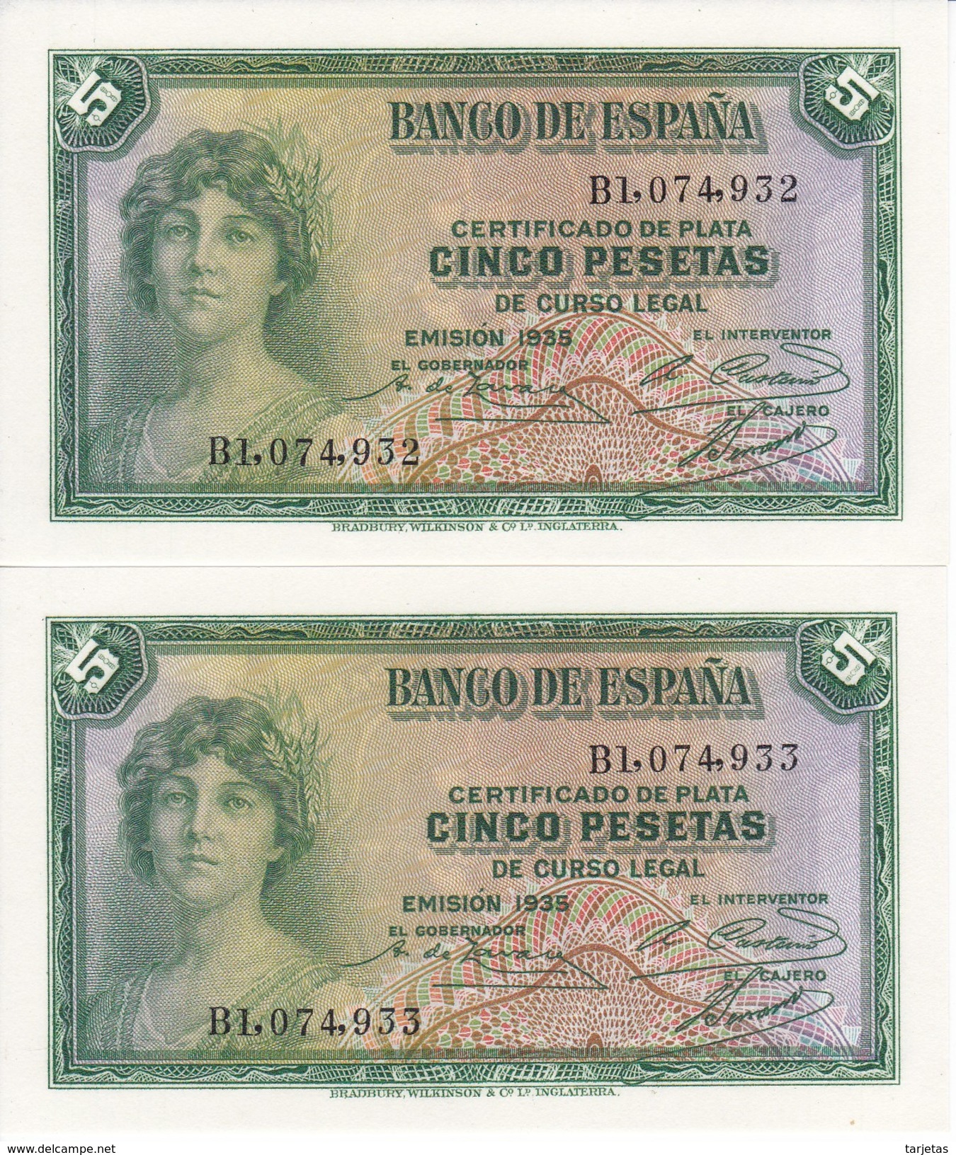 PAREJA CORRELATIVA DE 5 PTAS DEL AÑO 1935 SERIE B SIN CIRCULAR-PLANCHA-UNCIRCULATED - 5 Pesetas