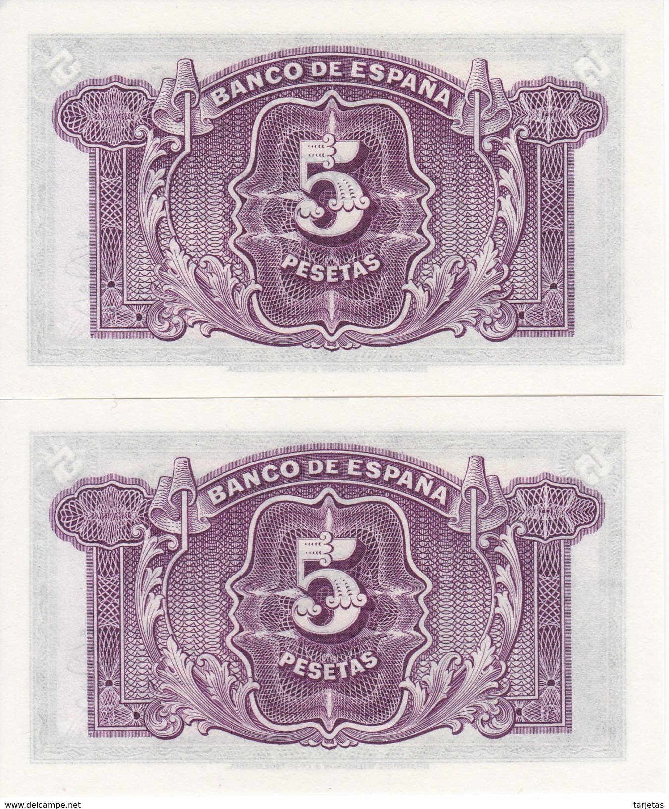 PAREJA CORRELATIVA DE 5 PTAS DEL AÑO 1935 SERIE B SIN CIRCULAR-PLANCHA-UNCIRCULATED - 5 Peseten