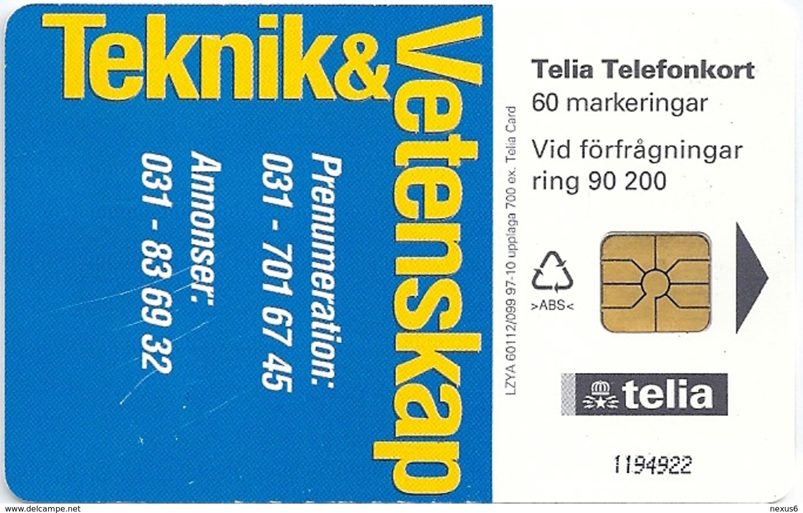 Sweden - Telia - Teknik & Vetenskap - 60U, 10.1997, 700ex, Used - Schweden