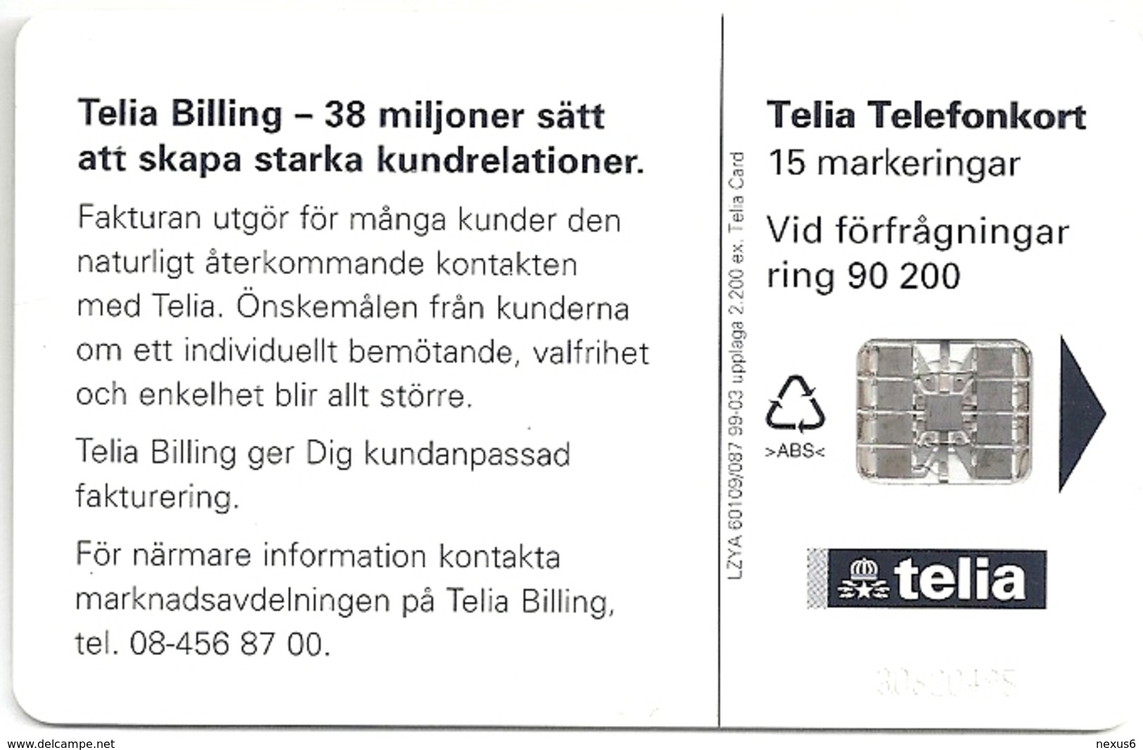 Sweden - Telia - Telias Nya Faktura - 15U, 03.1999, 2.200ex, Used - Schweden