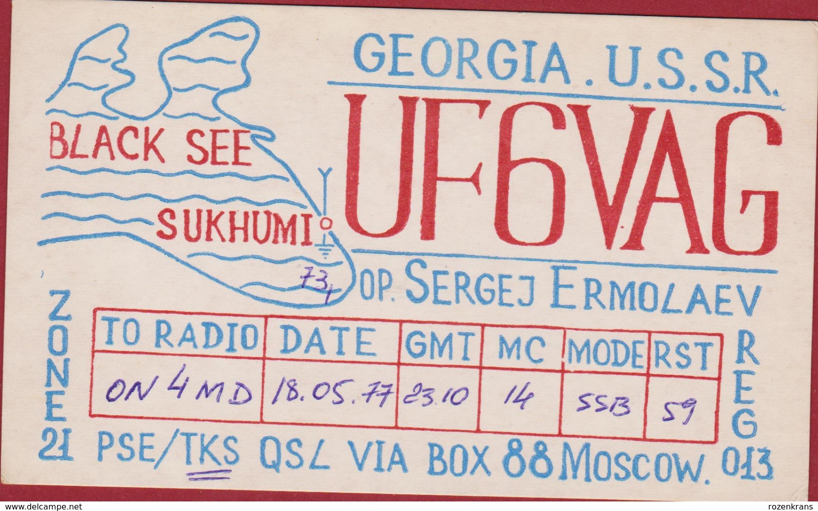 Georgia USSR Sakartvelo Géorgie Black Sea Sukhumi Abkhazia QSL Card Amateur Radio Funkkarte QTH 1977 Via Moscow - Amateurfunk