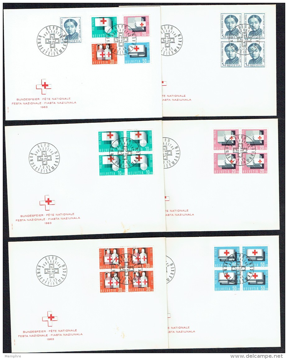 1963  Pro Patria  Crox Rouge  Unités Et Blocs De 4 - FDC