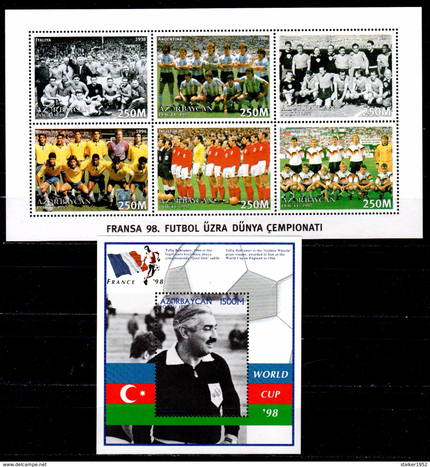 Azerbaijan 1997 Aserbaidschan Mi 399-404 + Block 33(405)  Football World Cup, France (1998): Former World Championships - 1998 – France