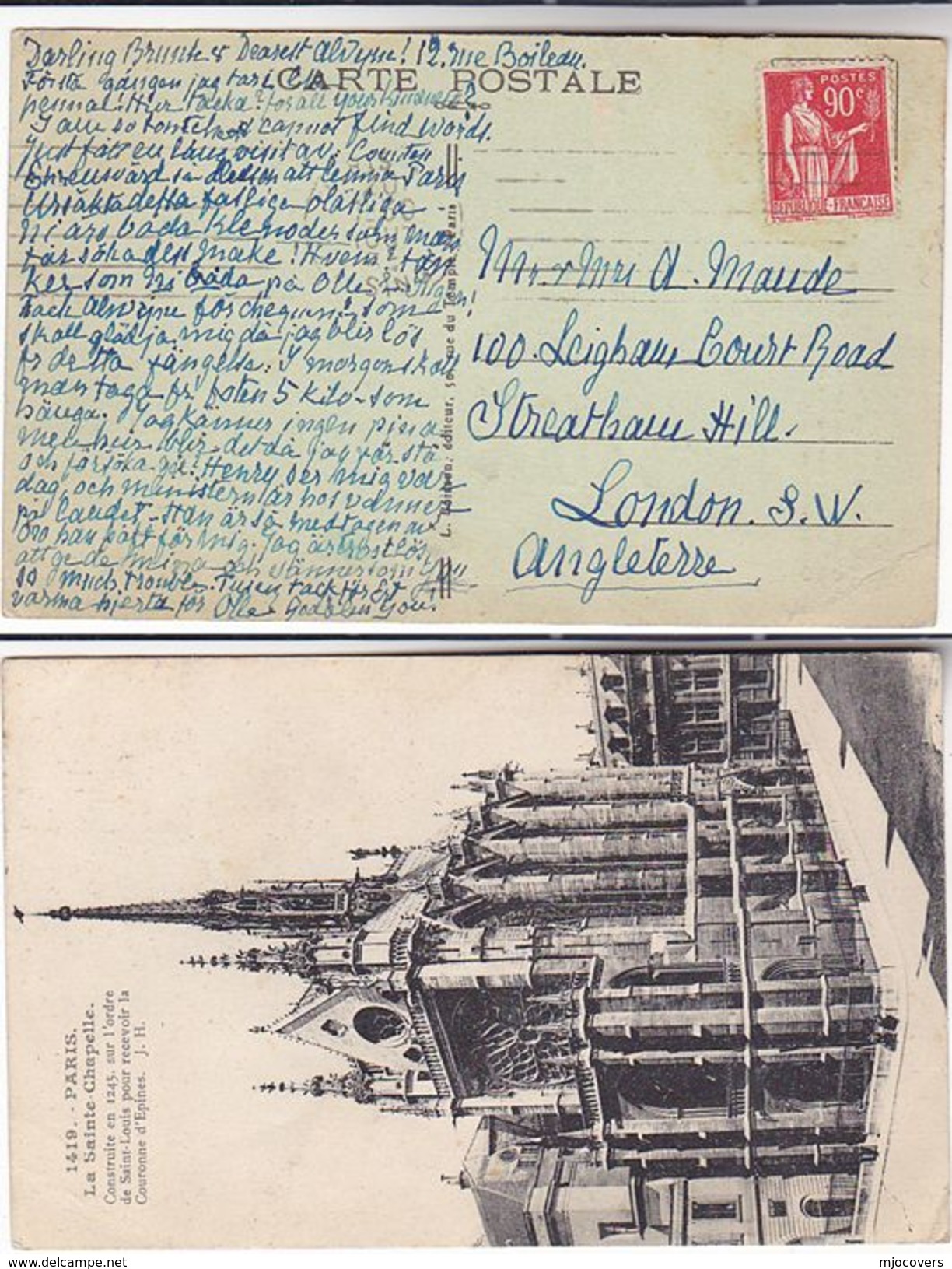 1920s FRANCE Stamps COVER (Postcard PARIS LE SAINTE CHAPELLE) To GB Church Religion - Churches