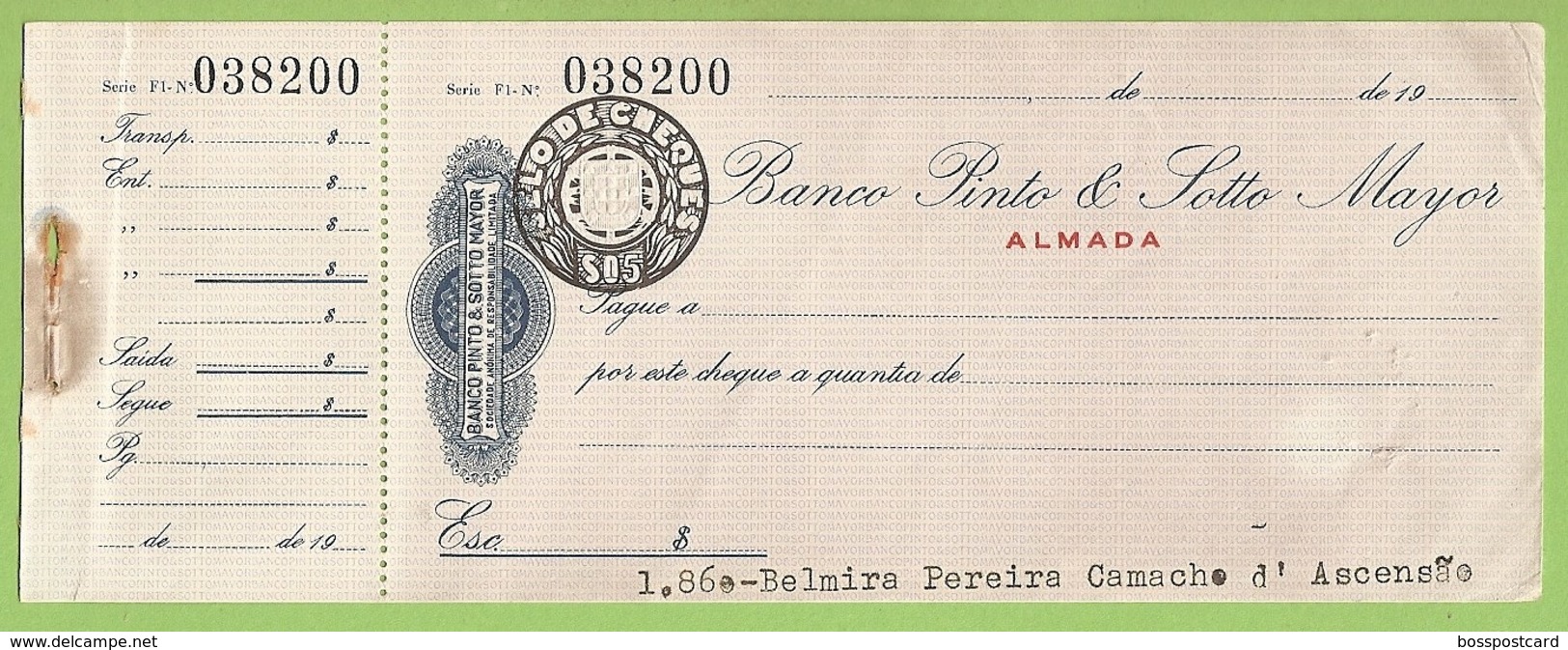 Almada - Cheque Do Banco Pinto & Sotto Mayor - Chèques & Chèques De Voyage