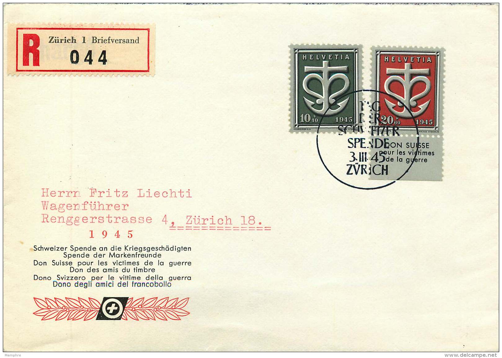 1945  Enveloppe Commémorative  Et Oblitération Journée Du Don Suisse 1945 - Briefe U. Dokumente
