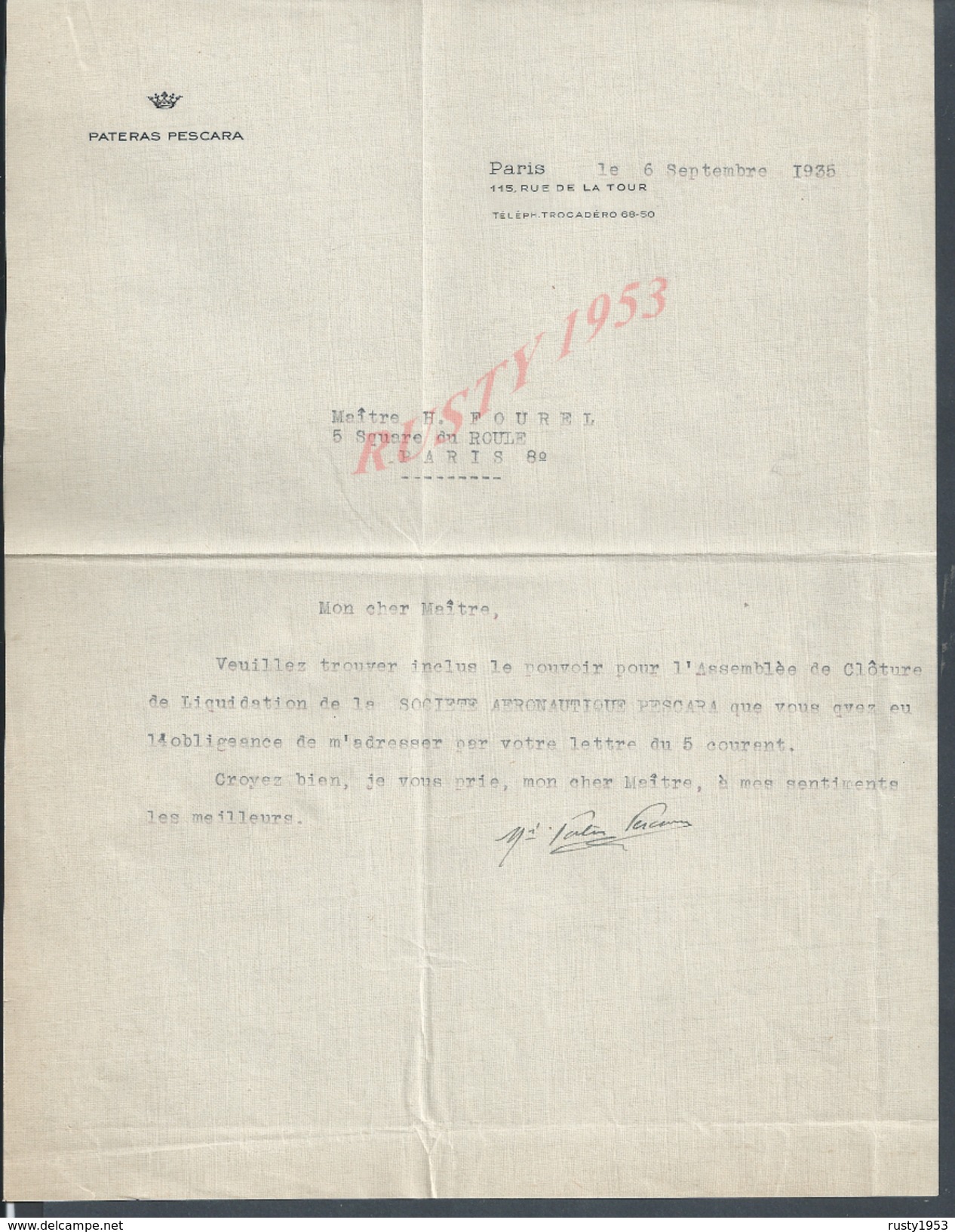 PARIS 1935 LETTRE DU MARQUIS R. DE PATERAS PESCARA CONCERNANT LA LIQUIDATION DE LA SOCIETE AERONAUTIQUE PESCARA AVIATION - Autres & Non Classés