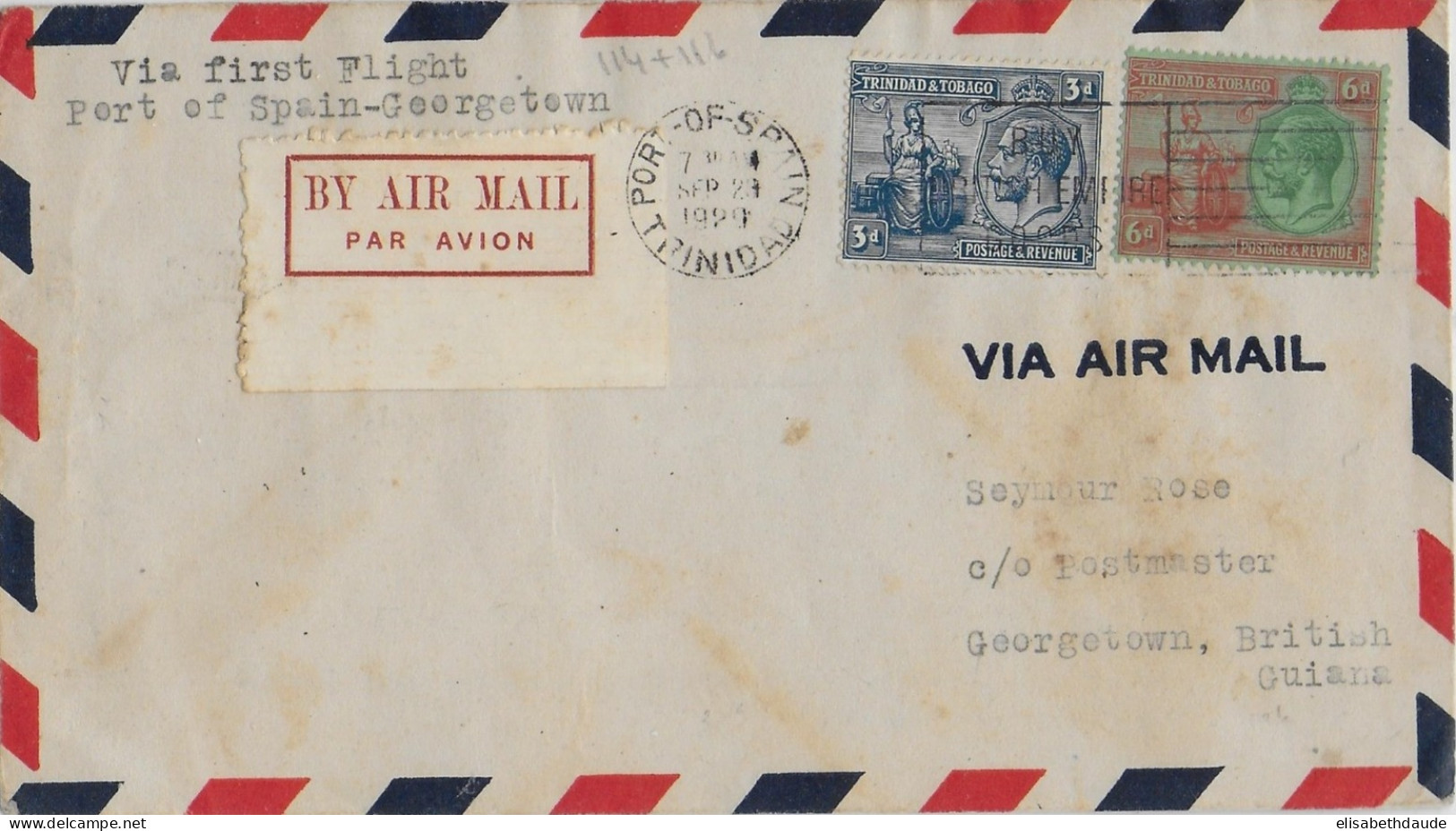 TRINIDAD AND TOBAGO - 1929 - ENVELOPPE AIRMAIL De PORT OF SPAIN => GEORGETOWN (BRITISH GUIANA) - 1° VOL - Trinidad & Tobago (...-1961)