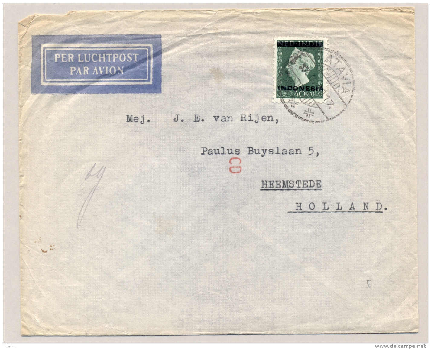 Nederlands Indië - 1949 - Indonesia Opdruk Op 40 Cent Wilhelmina Type Hartz, Enkelfrankering Naar Heemstede - Nederlands-Indië