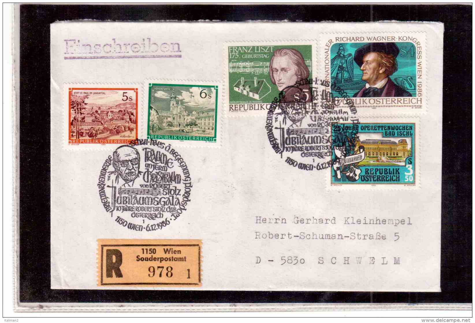 TEM9289  -    WIEN 6.12.86  /  REGISTERED COVER WITH INTERESTING POSTAGE  -   " ROBERT STOLZ " - Music