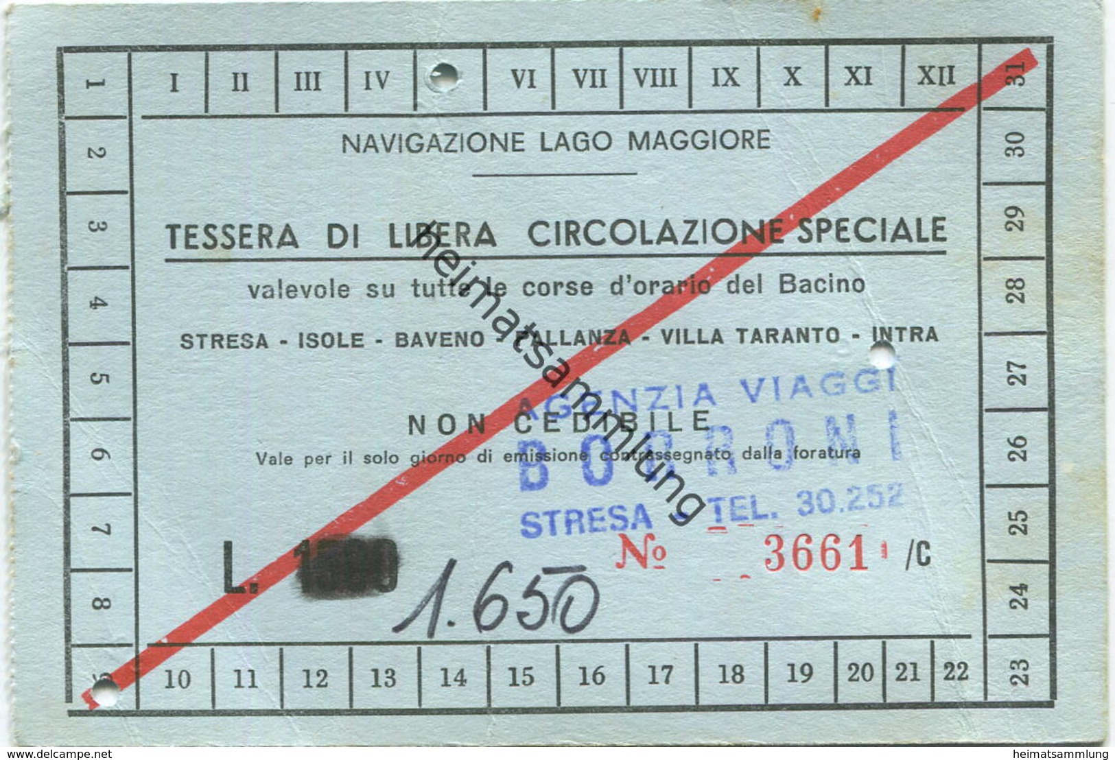 Italien - Tessera Di Libera Circolazione Speciale - Stresa - Isola Bella - Isola Supperiore - Baveno - Tages-Fahrkarte L - Europa