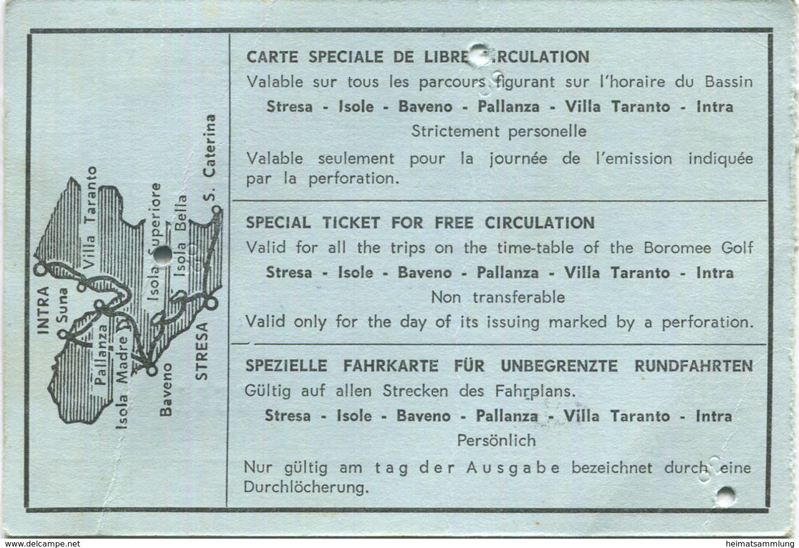 Italien - Tessera Di Libera Circolazione Speciale - Stresa - Isola Bella - Isola Supperiore - Baveno - Tages-Fahrkarte L - Europa