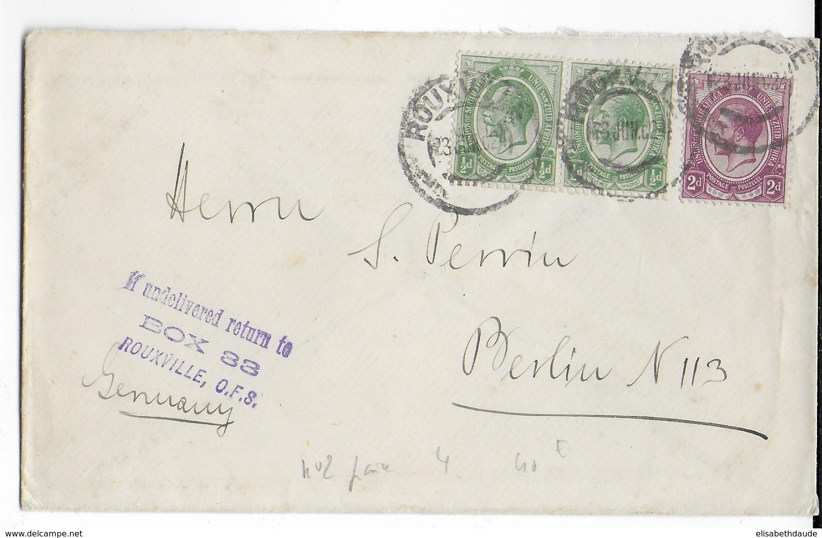 SOUTH AFRICA - 1924 - ENVELOPPE De ROUXVILLE => BERLIN - Cartas
