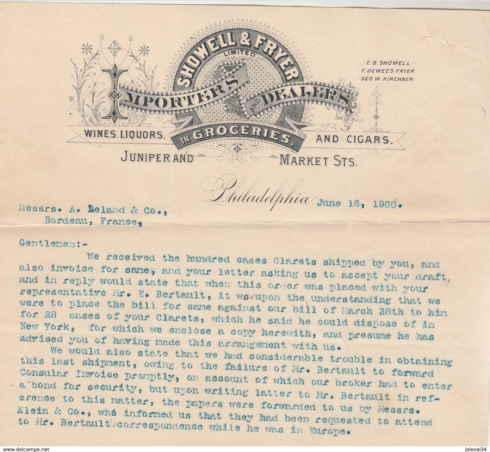 Lettre Illustrée 16/6/1900 SHOWELL & FRYER PHILADELPHIA USA - Wines Liquors And Cigars - Etats-Unis