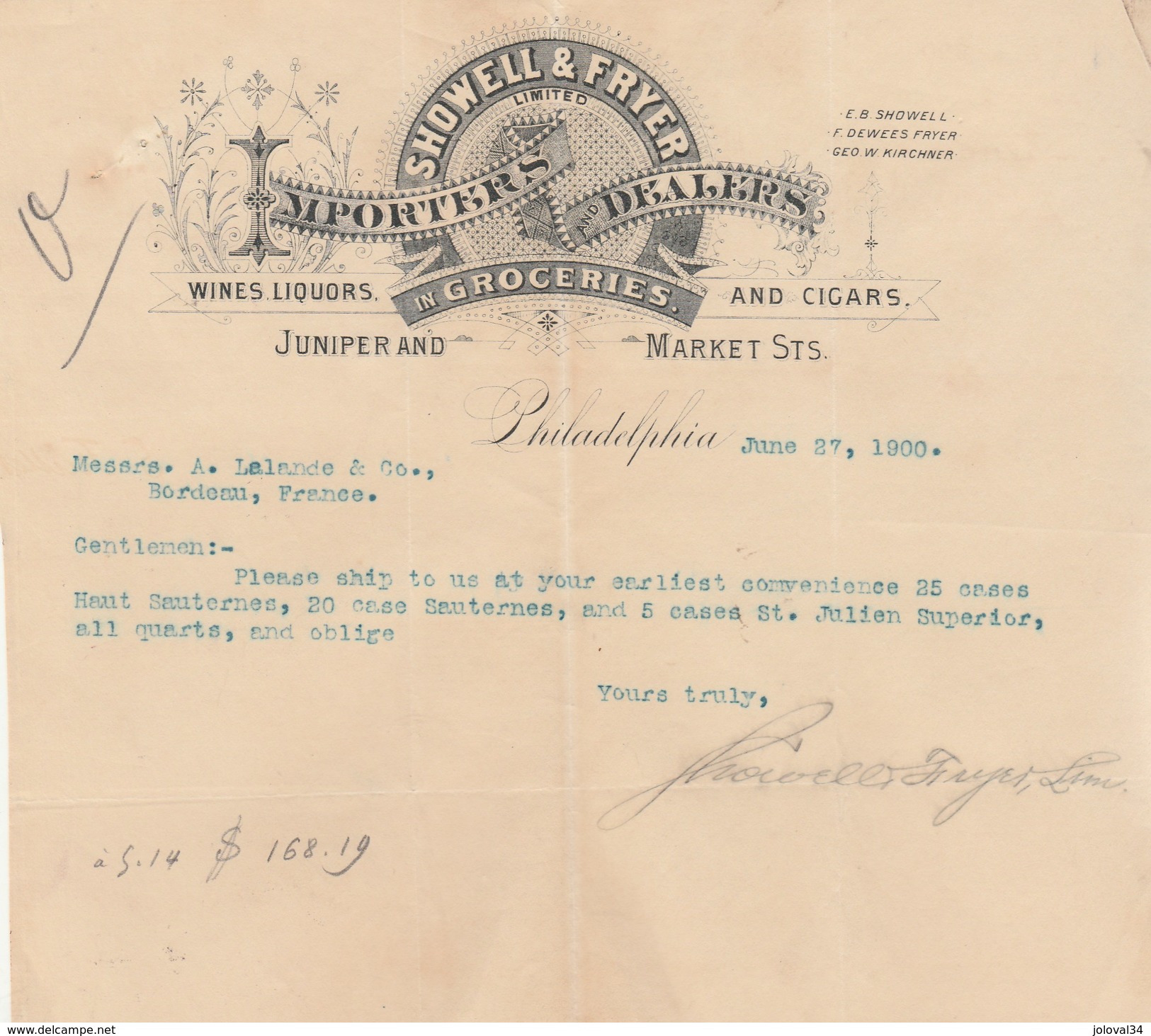 Lettre Illustrée 27/6/1900 SHOWELL & FRYER PHILADELPHIA USA - Wines Liquors And Cigars - United States