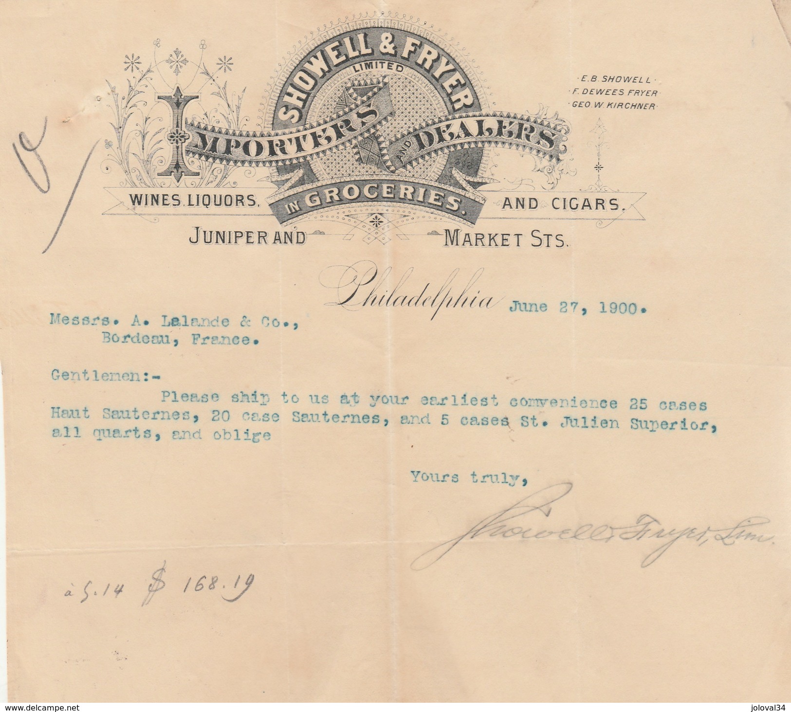 Lettre Illustrée 27/6/1900 SHOWELL & FRYER PHILADELPHIA USA - Wines Liquors And Cigars - Etats-Unis