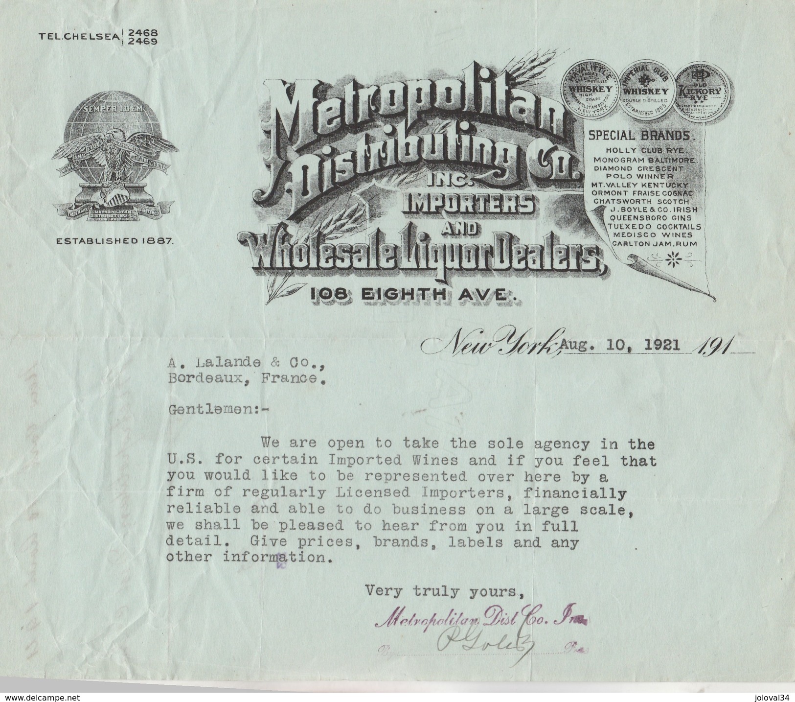 Lettre Illustrée 10/8/1921 Metropolitan Distributing NEW YORK USA -  Liquor - Whiskey - Stati Uniti